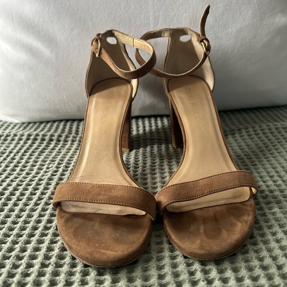 Stuart Weitzman Brown/Tan Suede Open-Toe Ankle-Strap Heels - Picture 2 of 11